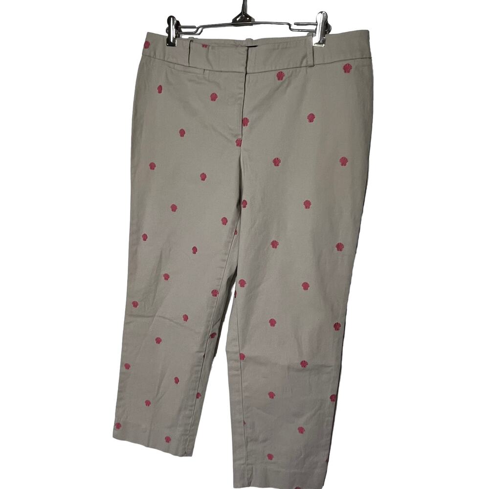 Talbots Signature Capri Cropped Pants Women's Khaki Pink Embroidered Seashell